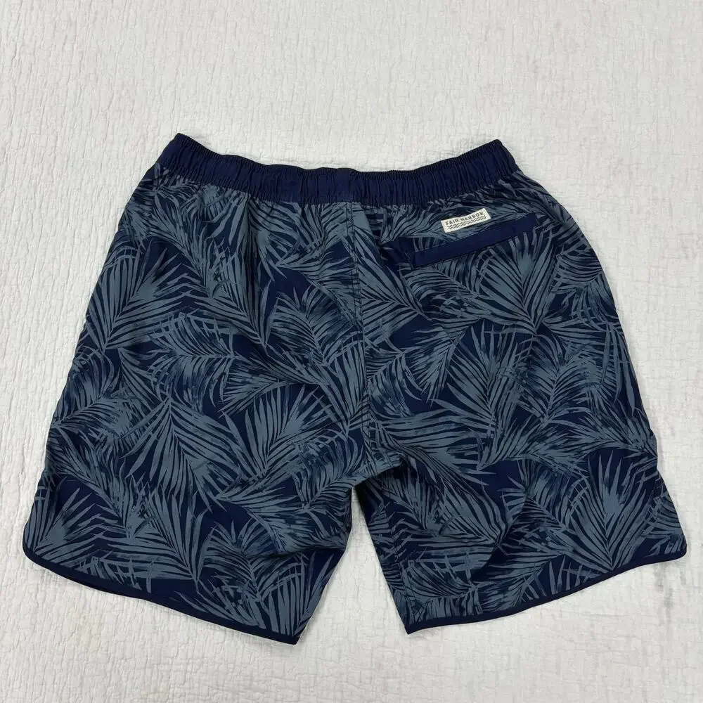 Fair Harbor Mens XL Navy Blue Palm Leaf BreezeKnit Board Shorts Swim Trunks